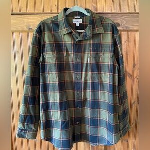 Men’s Carhartt large flannel shirt, dark green, black, orange stripes